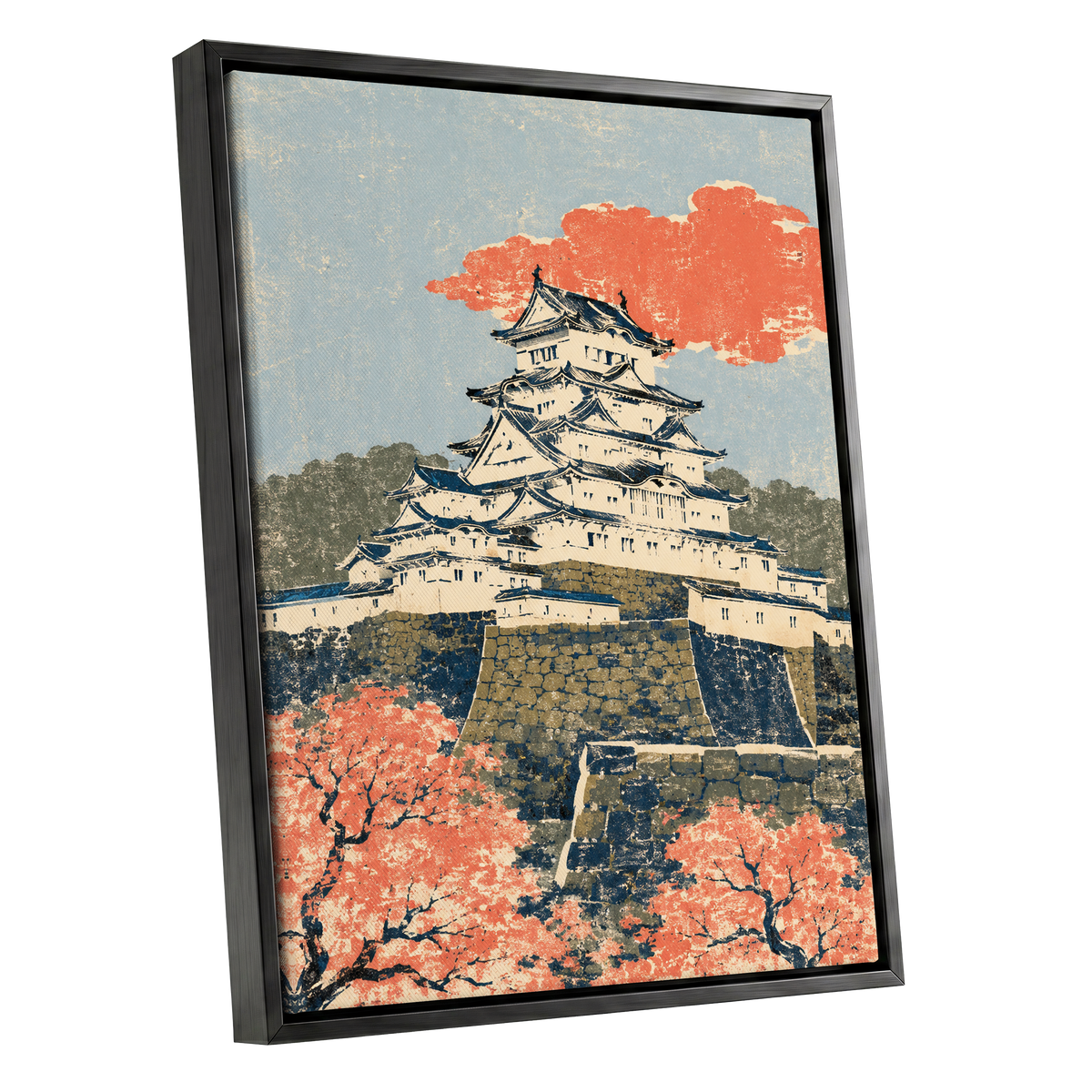 Coral Castle Heights, blue, beige, orange minimalist wall art shown as a black framed canvas wall art