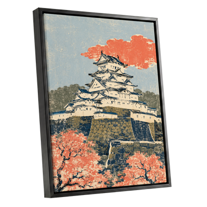Coral Castle Heights, blue, beige, orange minimalist wall art shown as a black framed canvas wall art