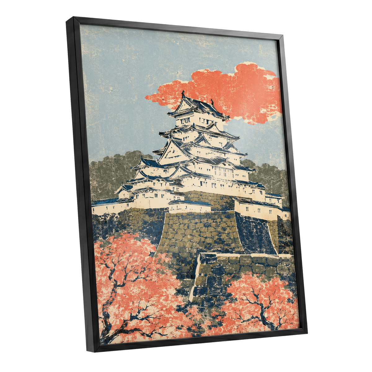 Coral Castle Heights, blue, beige, orange minimalist wall art shown as a black framed poster wall art print