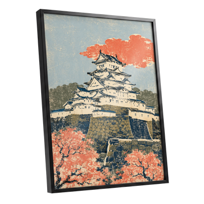 Coral Castle Heights, blue, beige, orange minimalist wall art shown as a black framed poster wall art print
