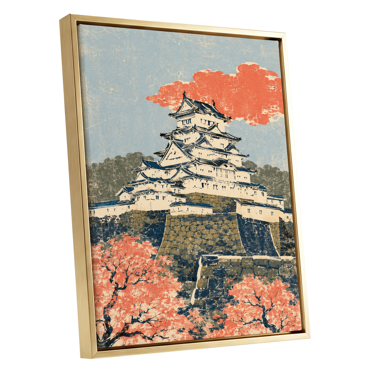 Coral Castle Heights, blue, beige, orange minimalist wall art shown as a gold framed canvas wall art