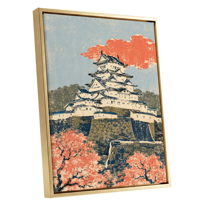 Coral Castle Heights, blue, beige, orange minimalist wall art shown as a gold framed canvas wall art