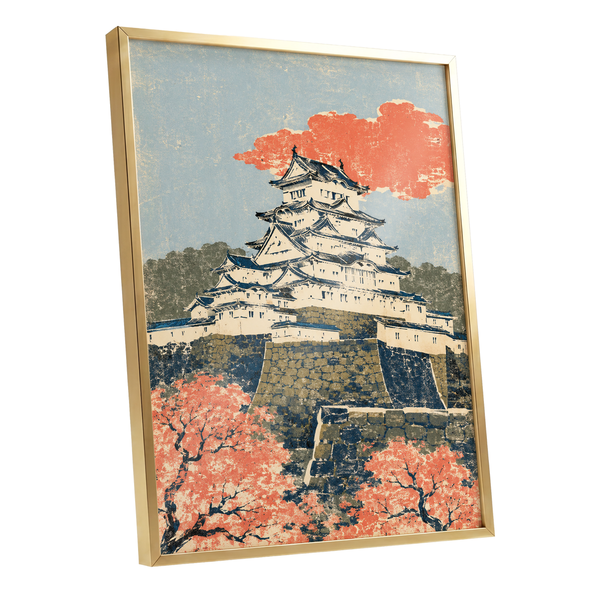 Coral Castle Heights, blue, beige, orange minimalist wall art shown as a gold framed poster wall art print