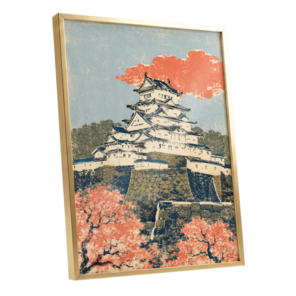Coral Castle Heights, blue, beige, orange minimalist wall art shown as a gold framed poster wall art print