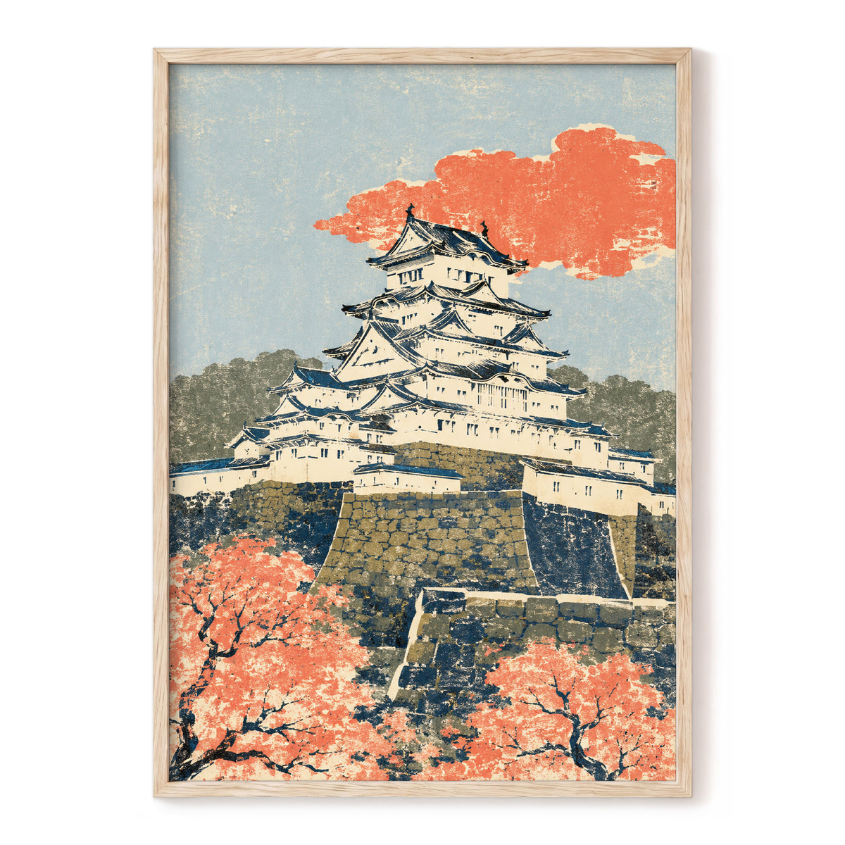 Coral Castle Heights, blue, beige, orange minimalist wall art, front artwork view