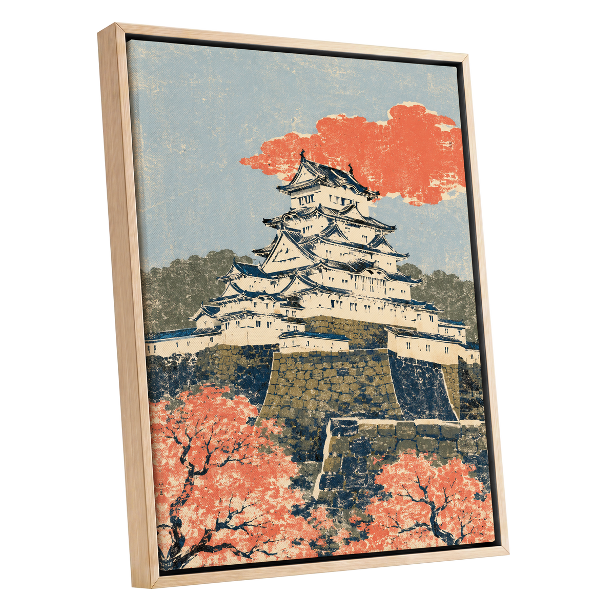 Coral Castle Heights, blue, beige, orange minimalist wall art shown as a oak framed canvas wall art