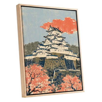 Coral Castle Heights, blue, beige, orange minimalist wall art shown as a oak framed canvas wall art