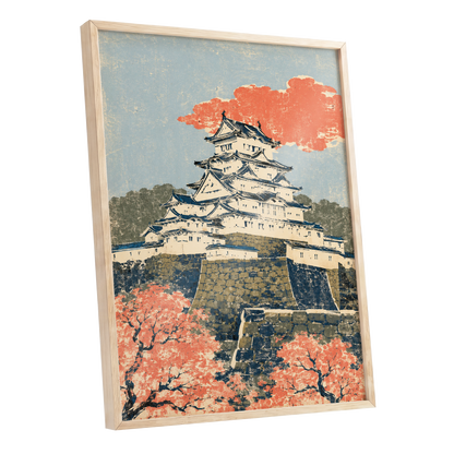Coral Castle Heights, blue, beige, orange minimalist wall art shown as a oak framed poster wall art print