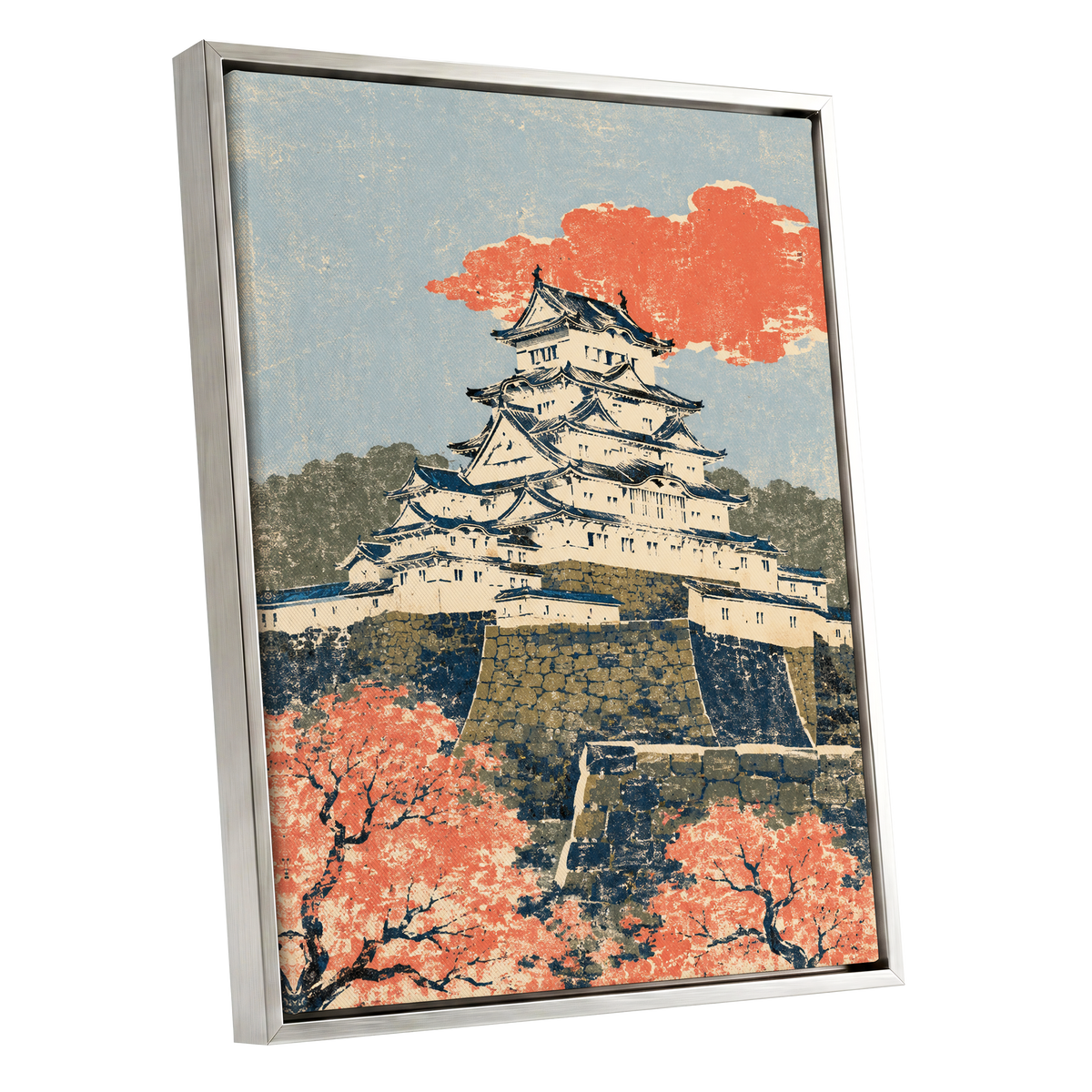 Coral Castle Heights, blue, beige, orange minimalist wall art shown as a silver framed canvas wall art
