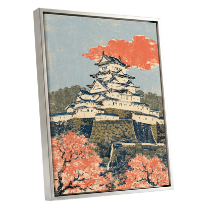 Coral Castle Heights, blue, beige, orange minimalist wall art shown as a silver framed canvas wall art