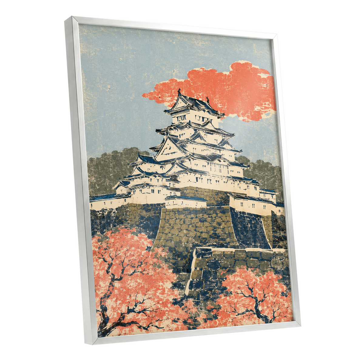 Coral Castle Heights, blue, beige, orange minimalist wall art shown as a silver framed poster wall art print
