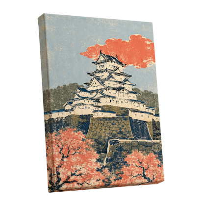 Coral Castle Heights, blue, beige, orange minimalist wall art shown as a stretched canvas wall art
