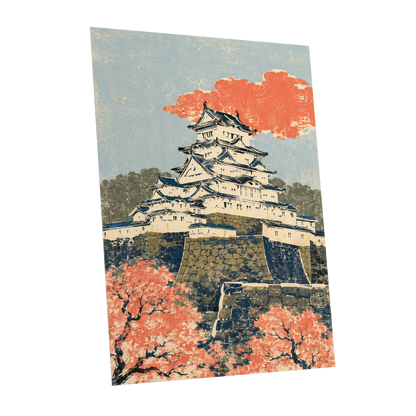 Coral Castle Heights, blue, beige, orange minimalist wall art shown as a unframed poster wall art print