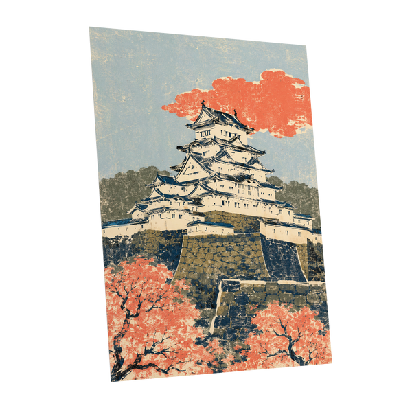 Coral Castle Heights, blue, beige, orange minimalist wall art shown as a unframed poster wall art print