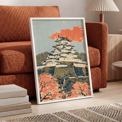 Coral Castle Heights, blue, beige, orange minimalist wall art displayed in a styled interior, gallery view 2