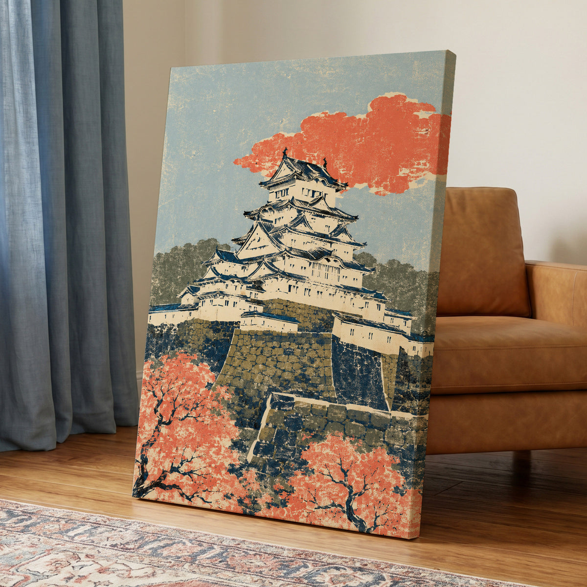 Coral Castle Heights, blue, beige, orange minimalist wall art displayed in a styled interior, gallery view 3
