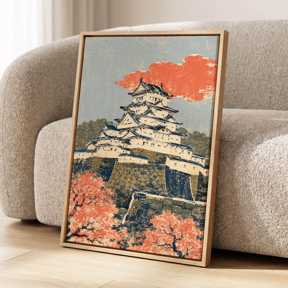 Coral Castle Heights, blue, beige, orange minimalist wall art displayed in a styled interior, gallery view 4