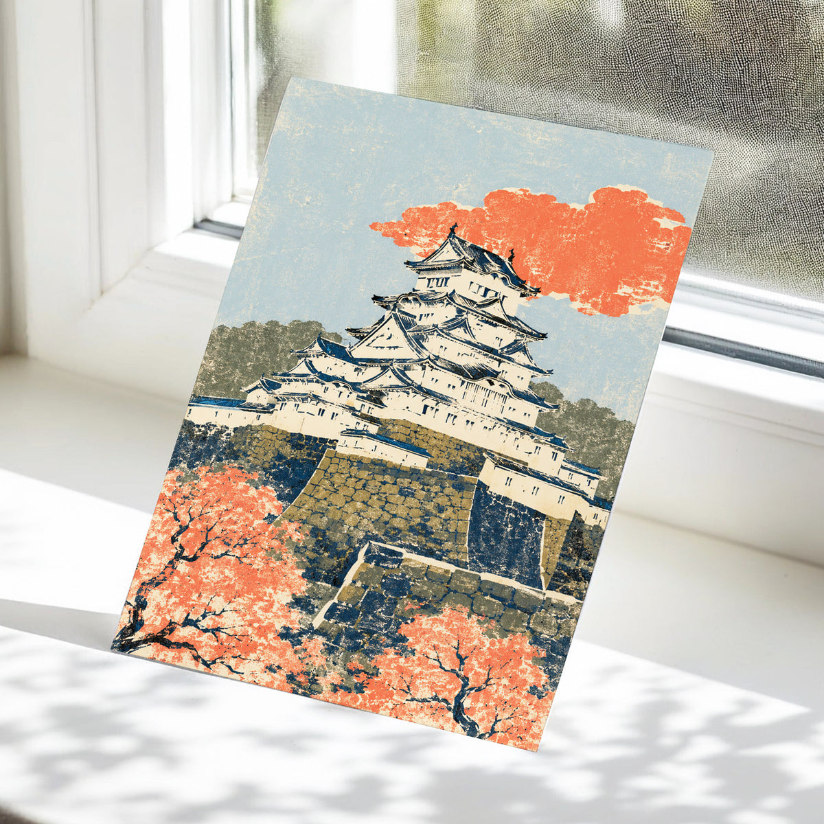 Coral Castle Heights, blue, beige, orange minimalist wall art displayed in a styled interior, gallery view 5