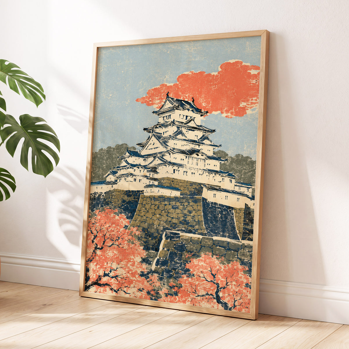 Coral Castle Heights, blue, beige, orange minimalist wall art displayed in a styled interior, gallery view 6