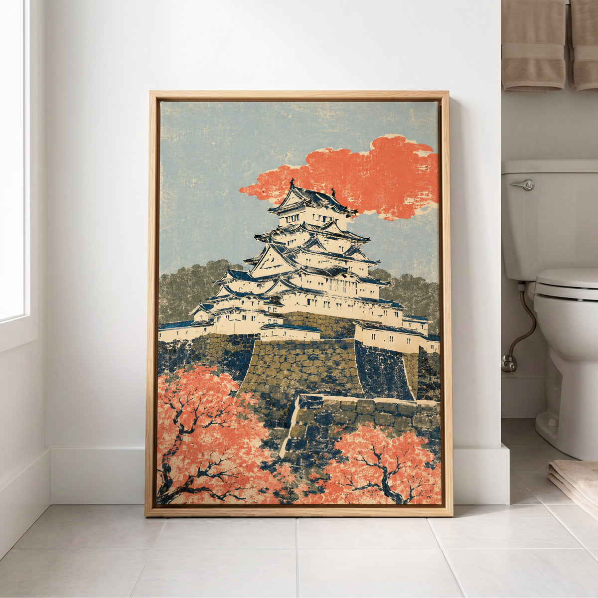 Coral Castle Heights, blue, beige, orange minimalist wall art displayed in a styled interior, gallery view 8