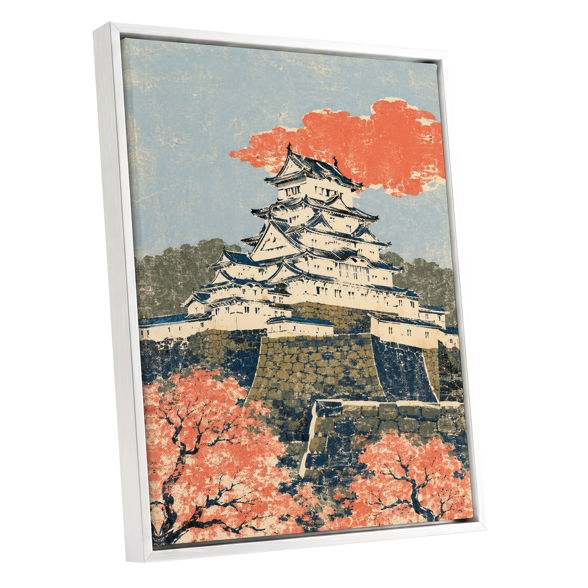 Coral Castle Heights, blue, beige, orange minimalist wall art shown as a white framed canvas wall art