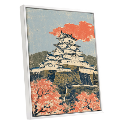 Coral Castle Heights, blue, beige, orange minimalist wall art shown as a white framed canvas wall art
