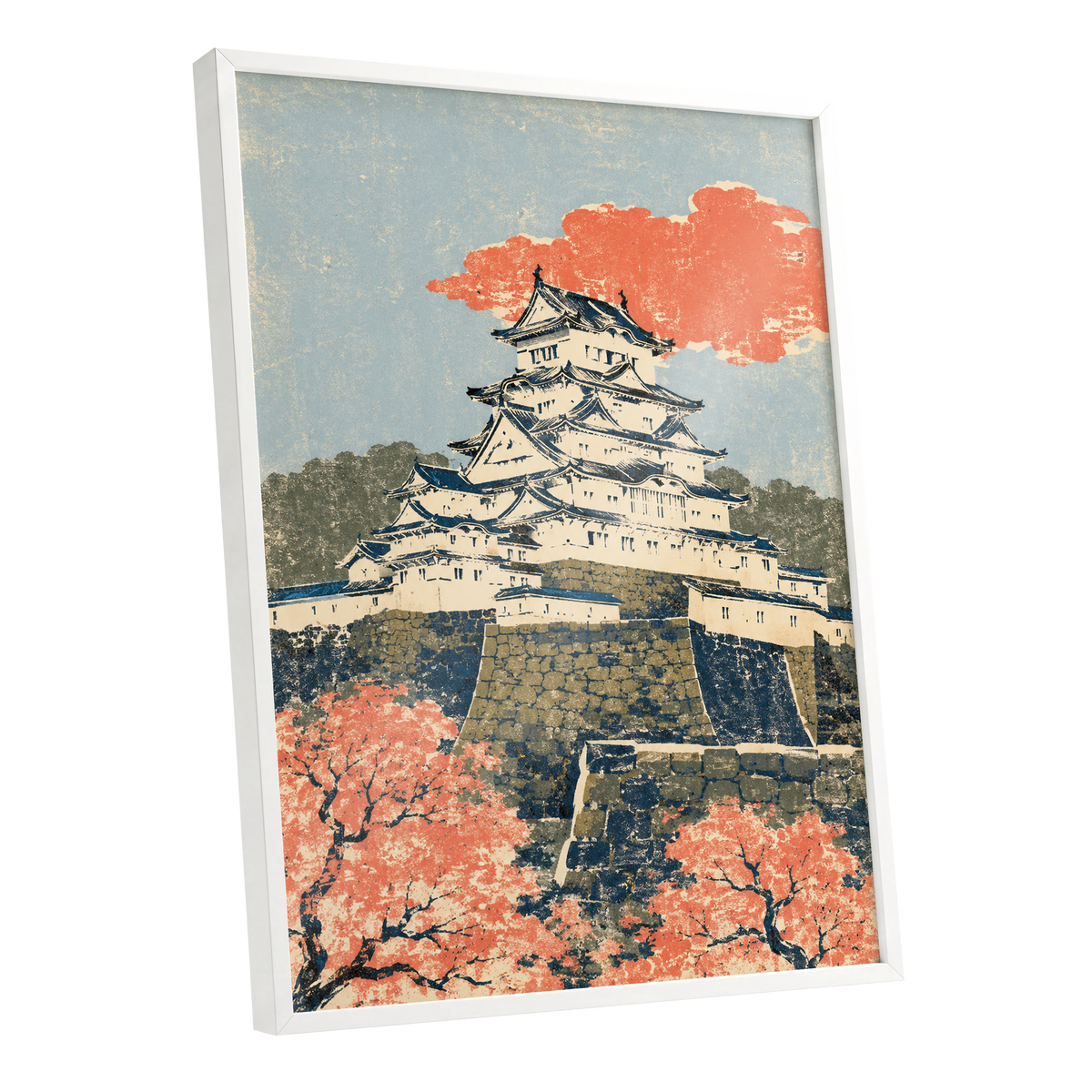 Coral Castle Heights, blue, beige, orange minimalist wall art shown as a white framed poster wall art print