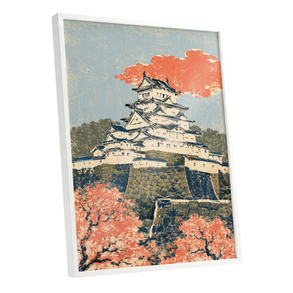 Coral Castle Heights, blue, beige, orange minimalist wall art shown as a white framed poster wall art print