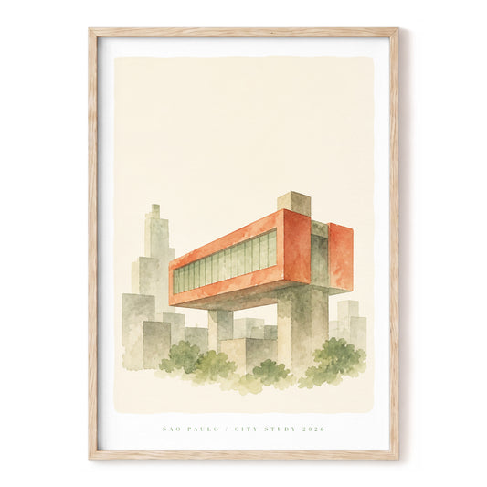 Coral City Overlook, beige, green, orange minimalist wall art, front artwork view