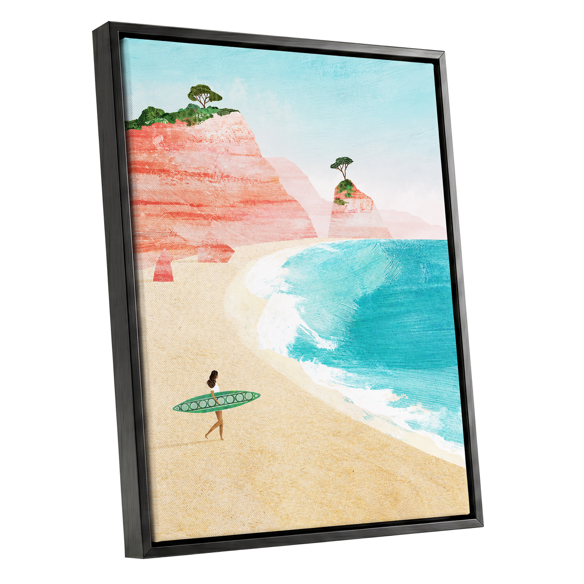 Coral Cove Wanderer, blue, beige, pink nature wall art shown as a black framed canvas wall art