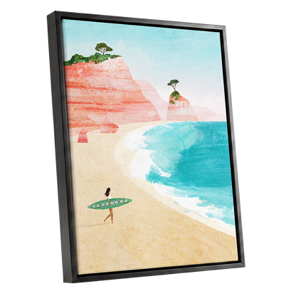 Coral Cove Wanderer, blue, beige, pink nature wall art shown as a black framed canvas wall art