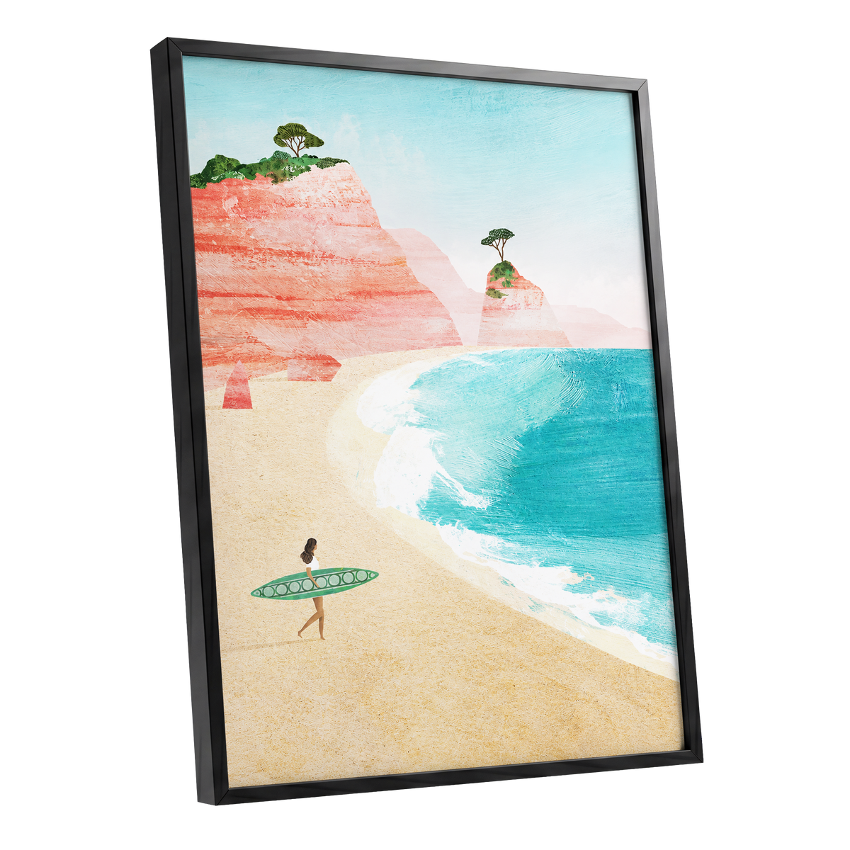 Coral Cove Wanderer, blue, beige, pink nature wall art shown as a black framed poster wall art print