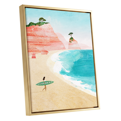 Coral Cove Wanderer, blue, beige, pink nature wall art shown as a gold framed canvas wall art