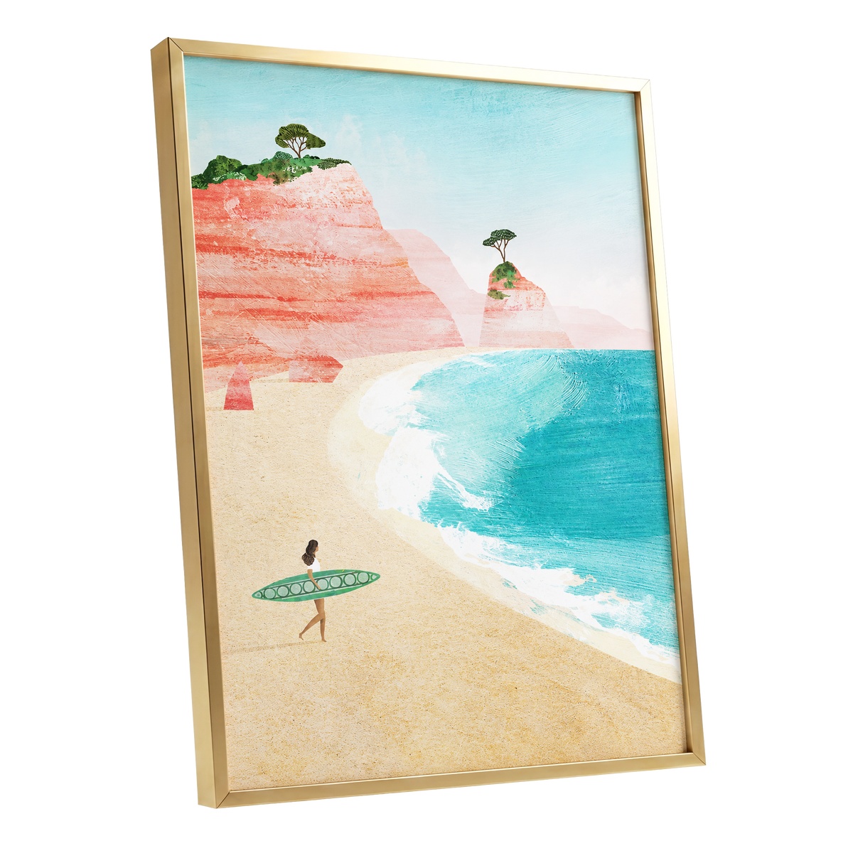 Coral Cove Wanderer, blue, beige, pink nature wall art shown as a gold framed poster wall art print