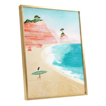 Coral Cove Wanderer, blue, beige, pink nature wall art shown as a gold framed poster wall art print