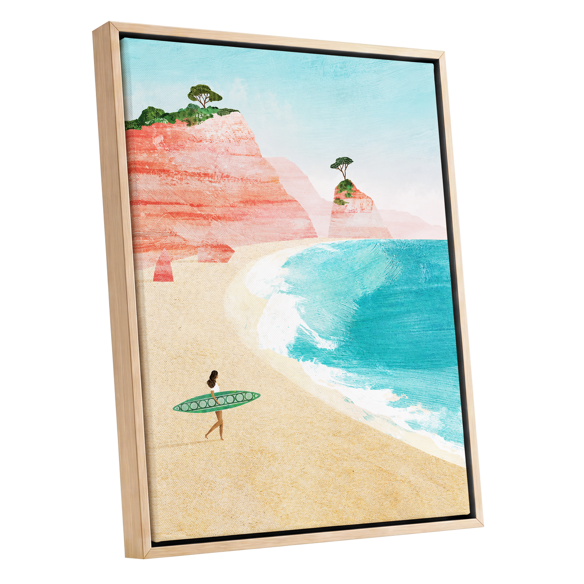 Coral Cove Wanderer, blue, beige, pink nature wall art shown as a oak framed canvas wall art