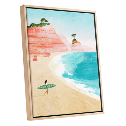 Coral Cove Wanderer, blue, beige, pink nature wall art shown as a oak framed canvas wall art