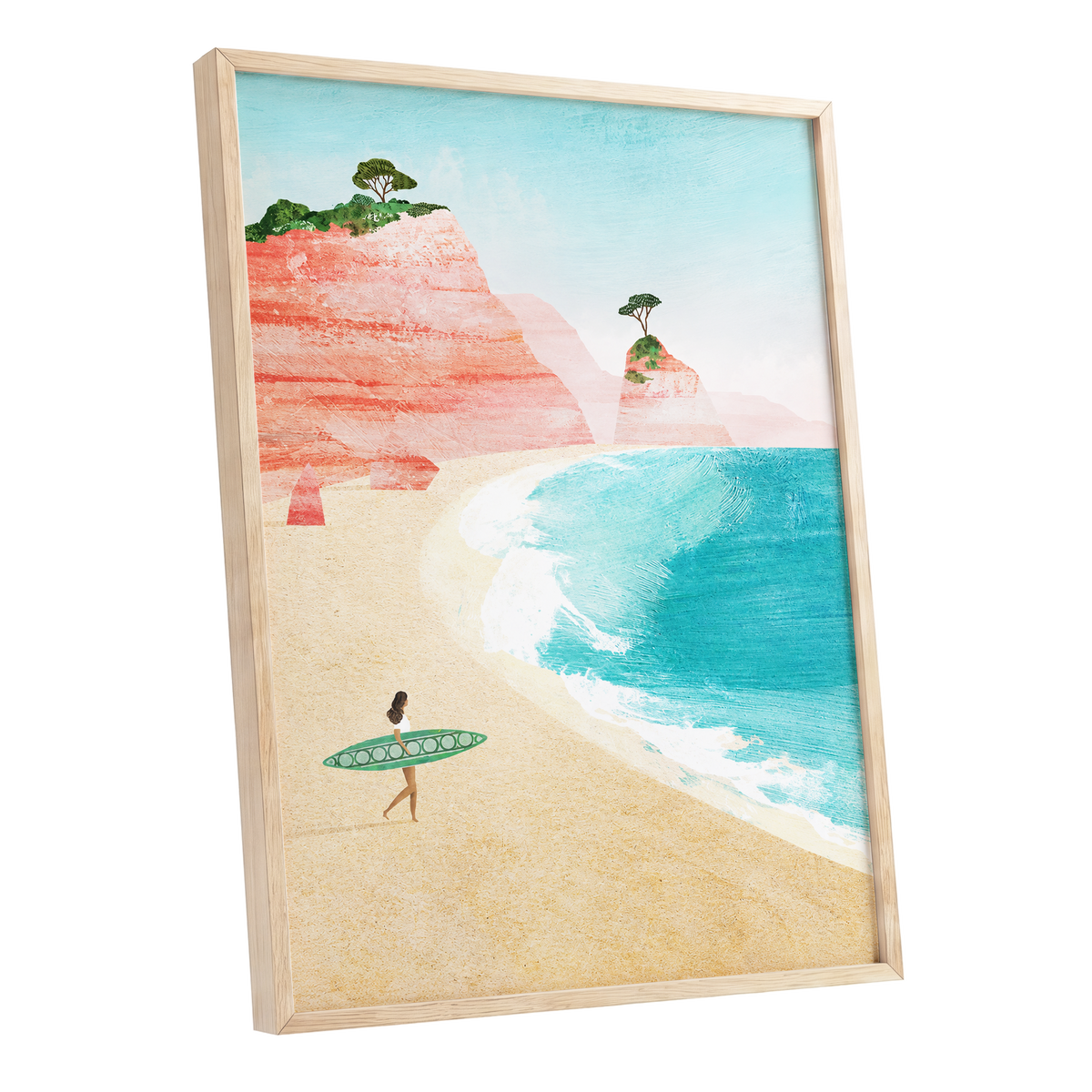 Coral Cove Wanderer, blue, beige, pink nature wall art shown as a oak framed poster wall art print