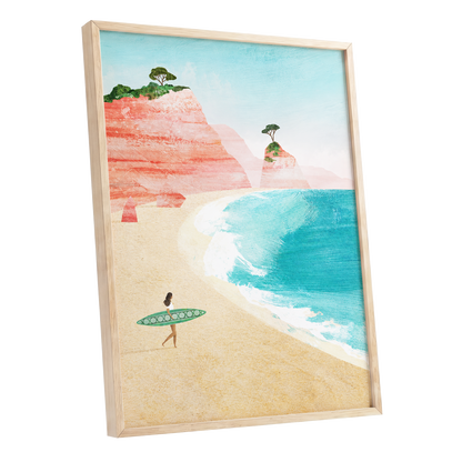 Coral Cove Wanderer, blue, beige, pink nature wall art shown as a oak framed poster wall art print