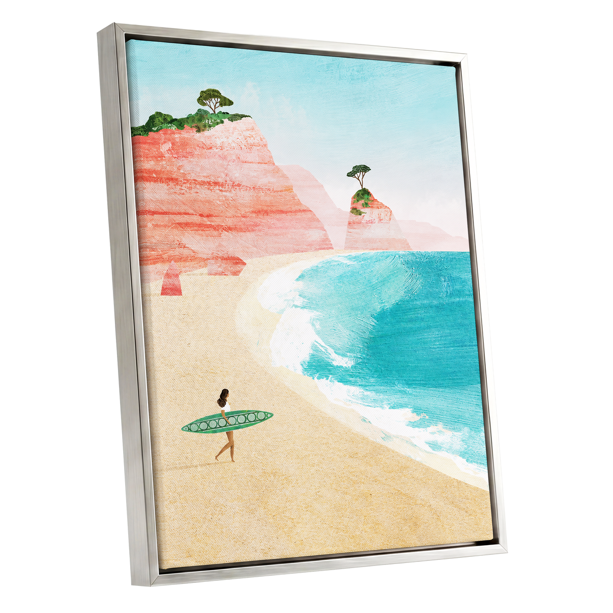 Coral Cove Wanderer, blue, beige, pink nature wall art shown as a silver framed canvas wall art