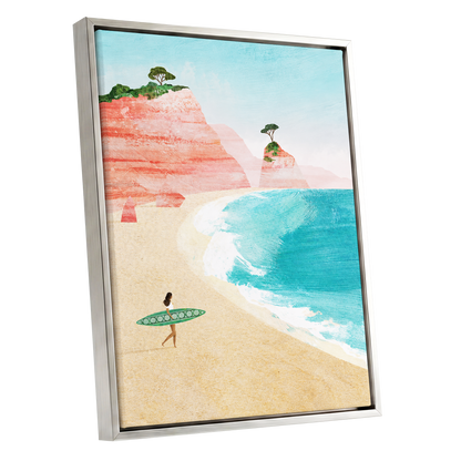 Coral Cove Wanderer, blue, beige, pink nature wall art shown as a silver framed canvas wall art