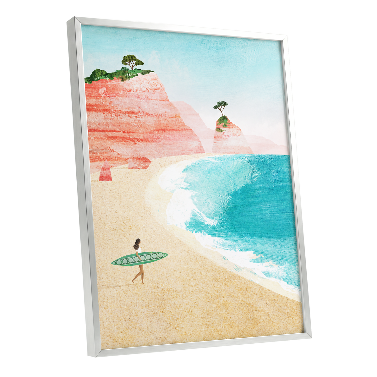 Coral Cove Wanderer, blue, beige, pink nature wall art shown as a silver framed poster wall art print