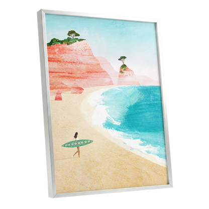 Coral Cove Wanderer, blue, beige, pink nature wall art shown as a silver framed poster wall art print