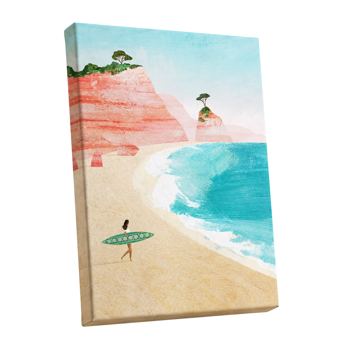 Coral Cove Wanderer, blue, beige, pink nature wall art shown as a stretched canvas wall art