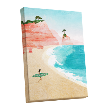 Coral Cove Wanderer, blue, beige, pink nature wall art shown as a stretched canvas wall art