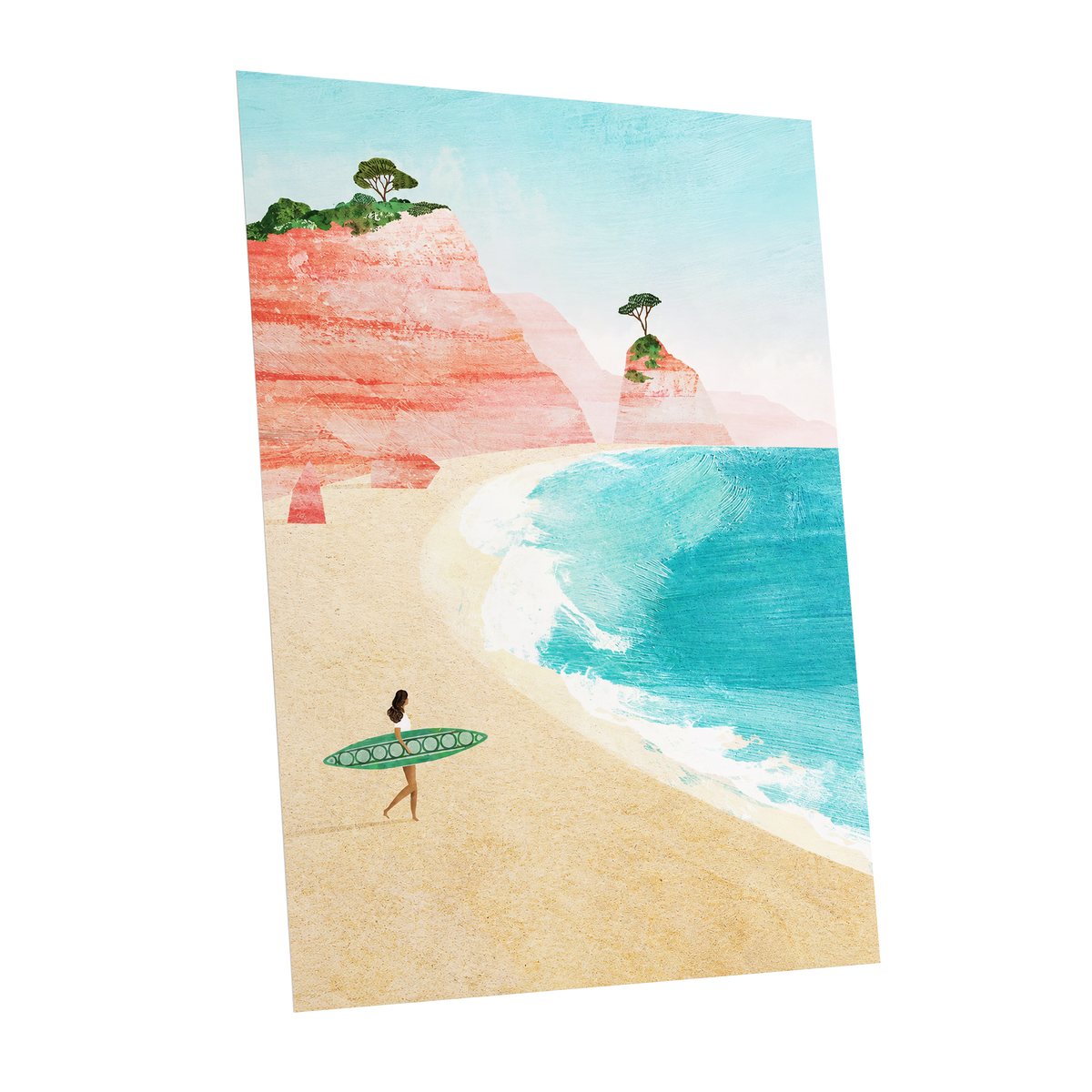 Coral Cove Wanderer, blue, beige, pink nature wall art shown as a unframed poster wall art print