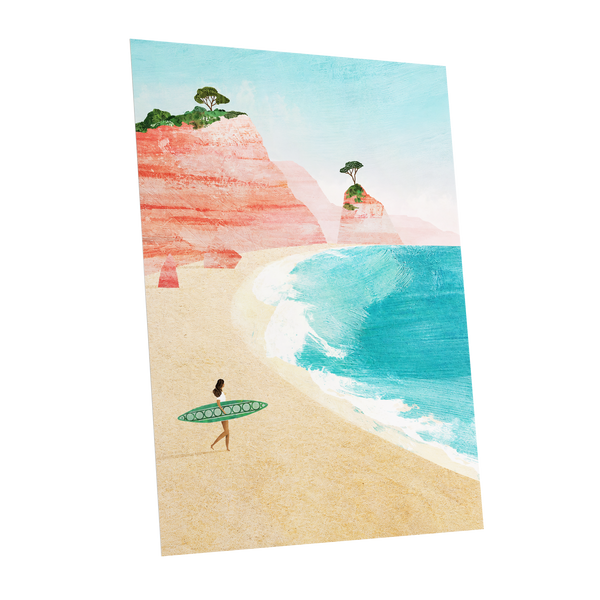 Coral Cove Wanderer, blue, beige, pink nature wall art shown as a unframed poster wall art print