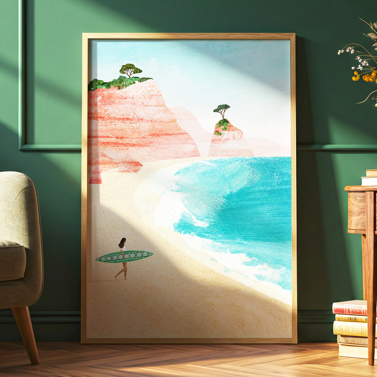 Coral Cove Wanderer, blue, beige, pink nature wall art displayed in a styled interior, gallery view 2