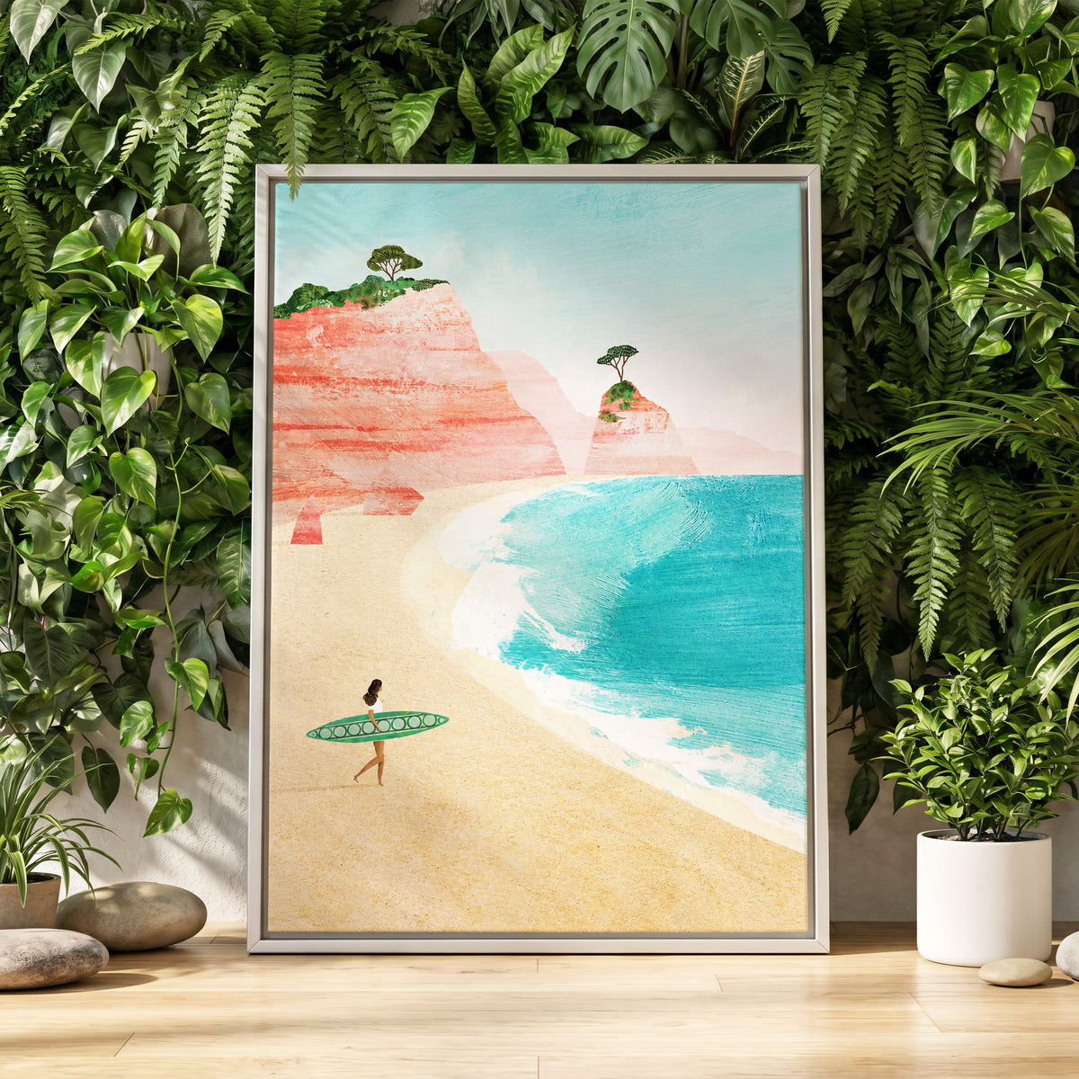 Coral Cove Wanderer, blue, beige, pink nature wall art displayed in a styled interior, gallery view 4