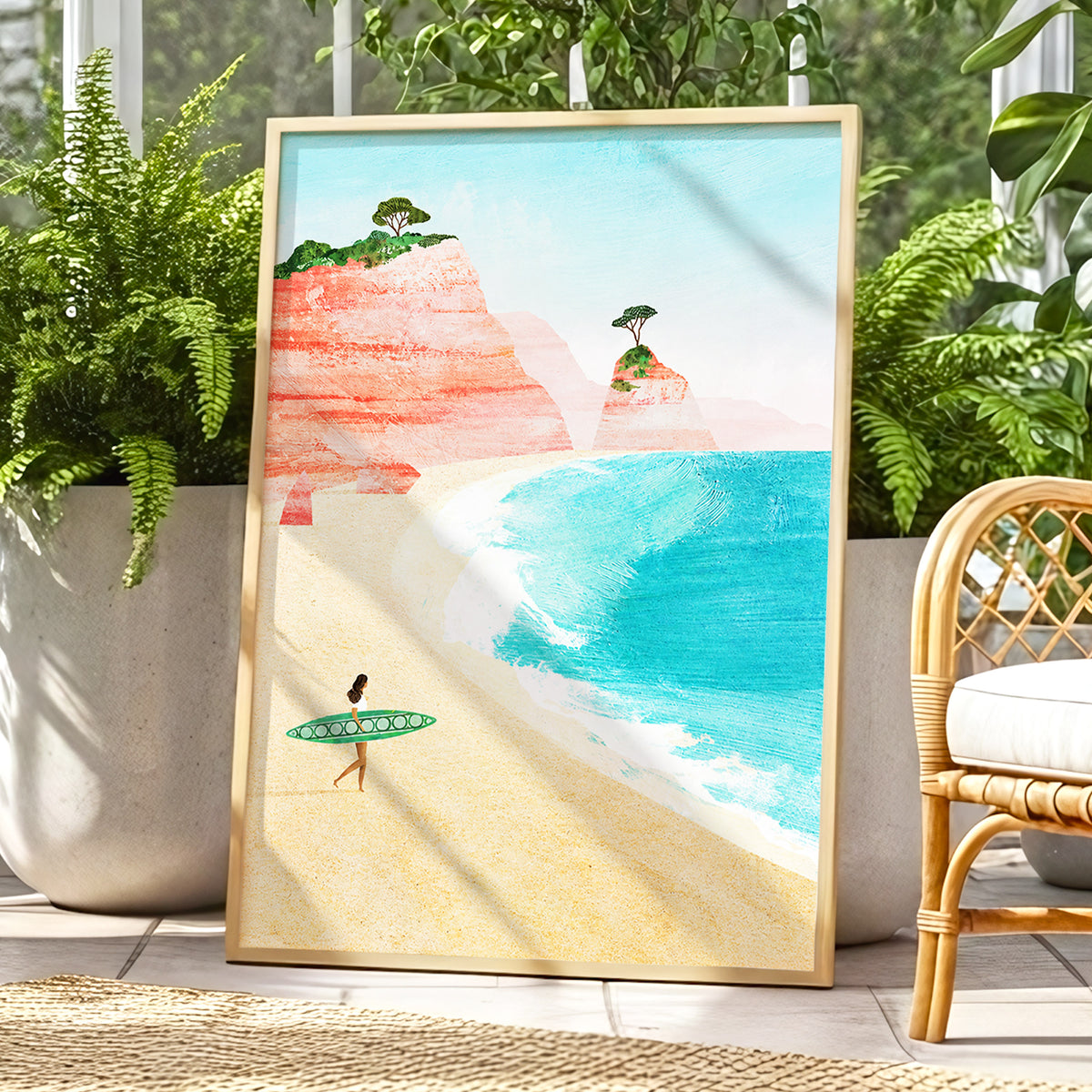 Coral Cove Wanderer, blue, beige, pink nature wall art displayed in a styled interior, gallery view 6
